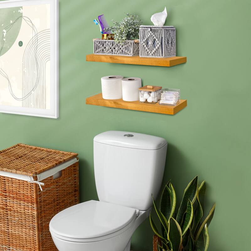 Solid Wood Floating Shelves for Wall - Compact Wooden Wall-Mounted Shelves (16”, Set of 2) - 5.5” L X 16"W X 1.2” H