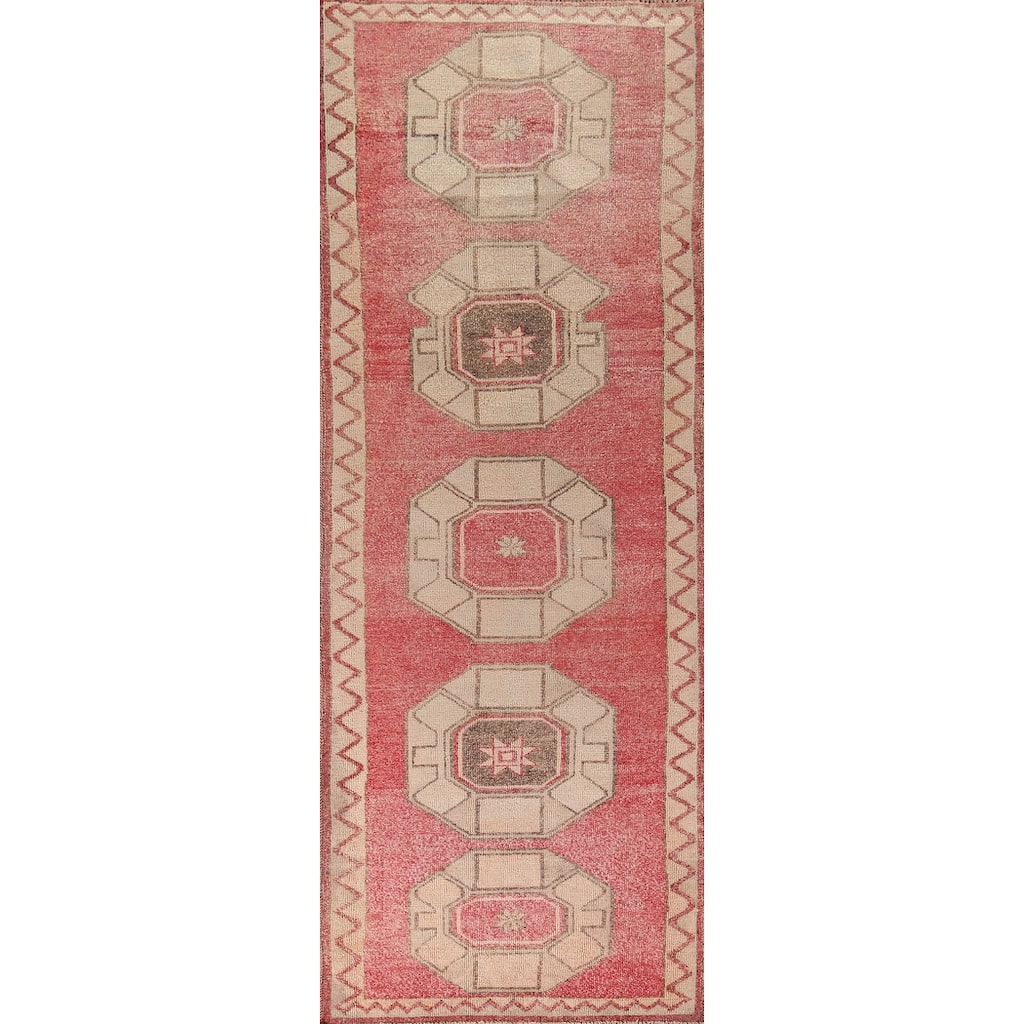 Pink & Red Geometric Anatolian Turkish Runner Rug Handmade Wool Carpet - 3'9"x 12'6"