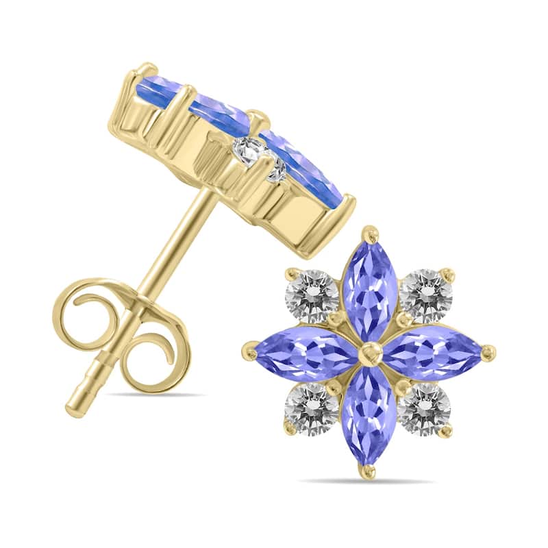 Marquee 1 Carat TW Tanzanite and Diamond Flower Earrings in 10K Yellow Gold