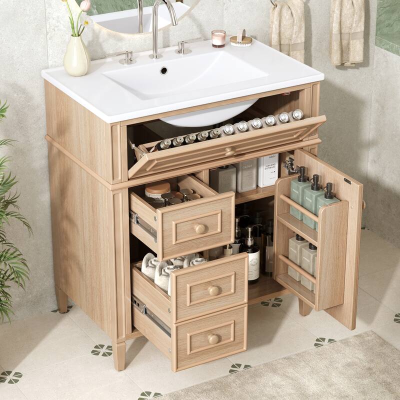 30" Bathroom Vanity with Sink, Solid Wood & MDF Cabinet, Flip-Out Drawer, 2 Soft-Close Drawers, 1 Soft-Close Door - Wood