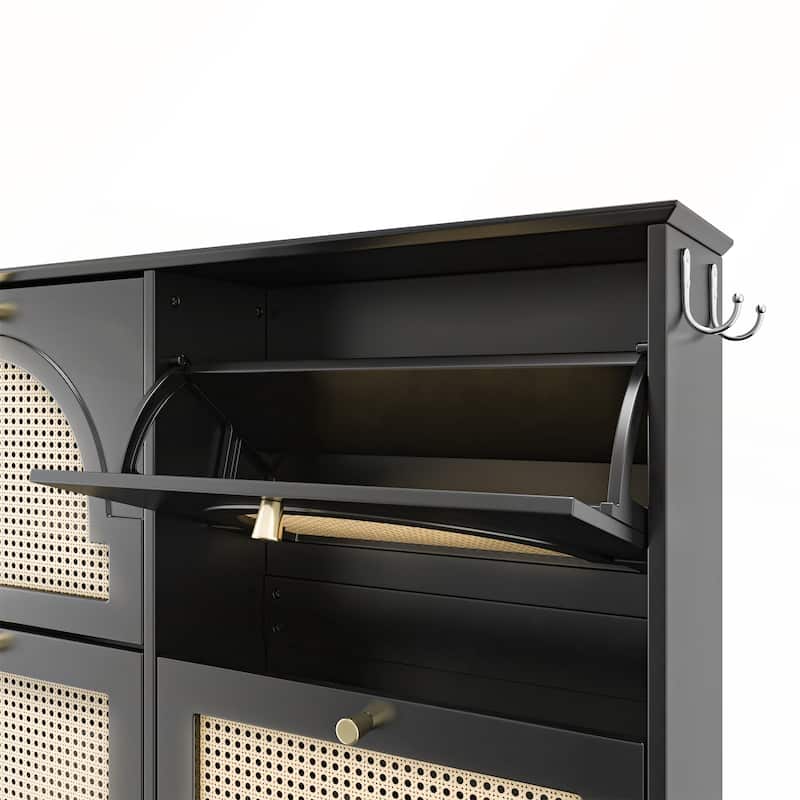 Mid-Century Narrow Design Tipping Bucket Shoe Cabinet with 4 Flip Drawers with Rattan Doors and Hooks