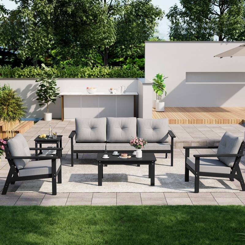 7-Piece HDPE Patio Conversation Seating Set with Cushions - 7-Pieces