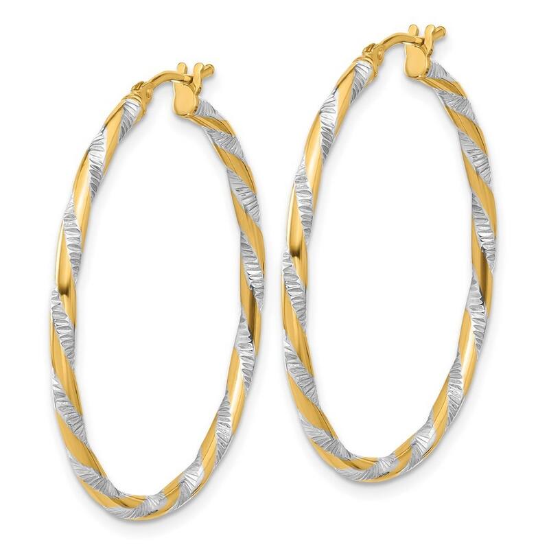 Curata 14k Yellow Gold White Rhodium Polished Diamond cut Hoop Earrings - 34.9x35.2mm