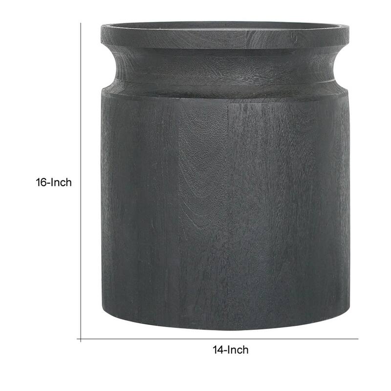 16 Inch Side End Table, Modern Cylinder Jar Like Design, Mango Wood, Black