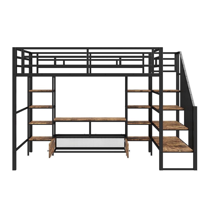 Full Size Loft Bed with Safety Guardrail, Sturdy Metal Loft Bed Frame with Storage Shelves and Staircase