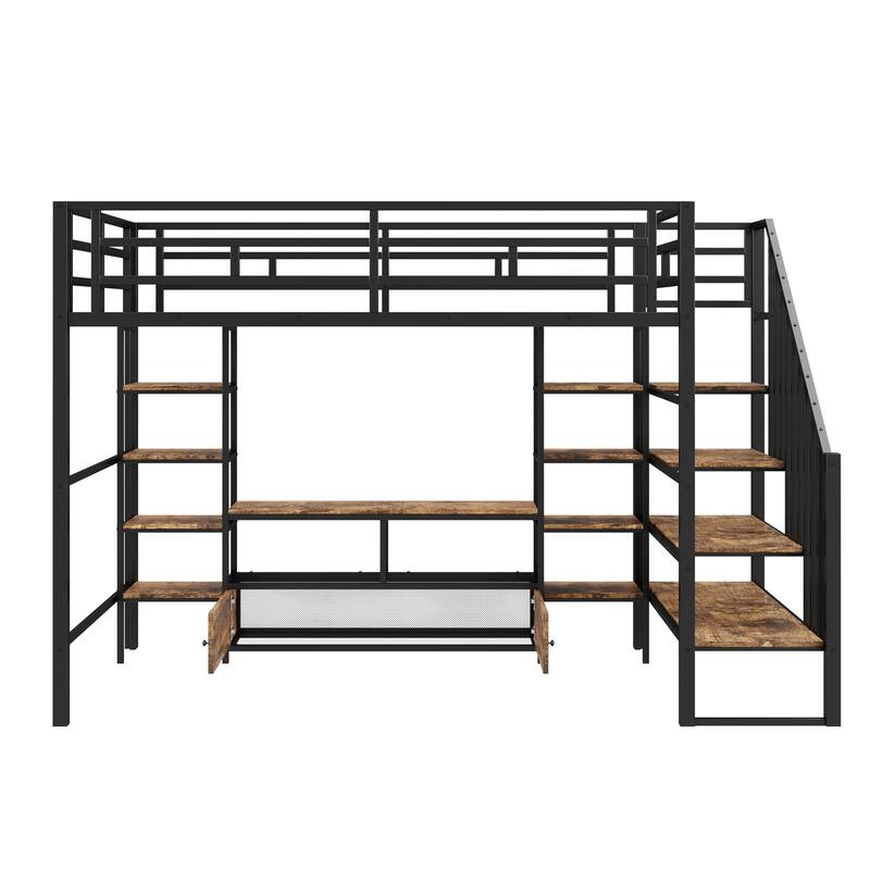 Full Size Metal Loft Bed with Staircase, Storage Table, and Shelves, Black