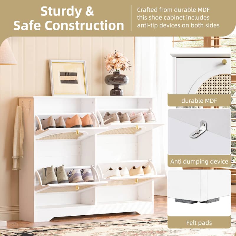 Mid-Century Modern Narrow Shoe Cabinet – 4 Flip-Drawer & 4 Rattan Door Design with Tipping Bucket Storage – 2 Silver Hooks