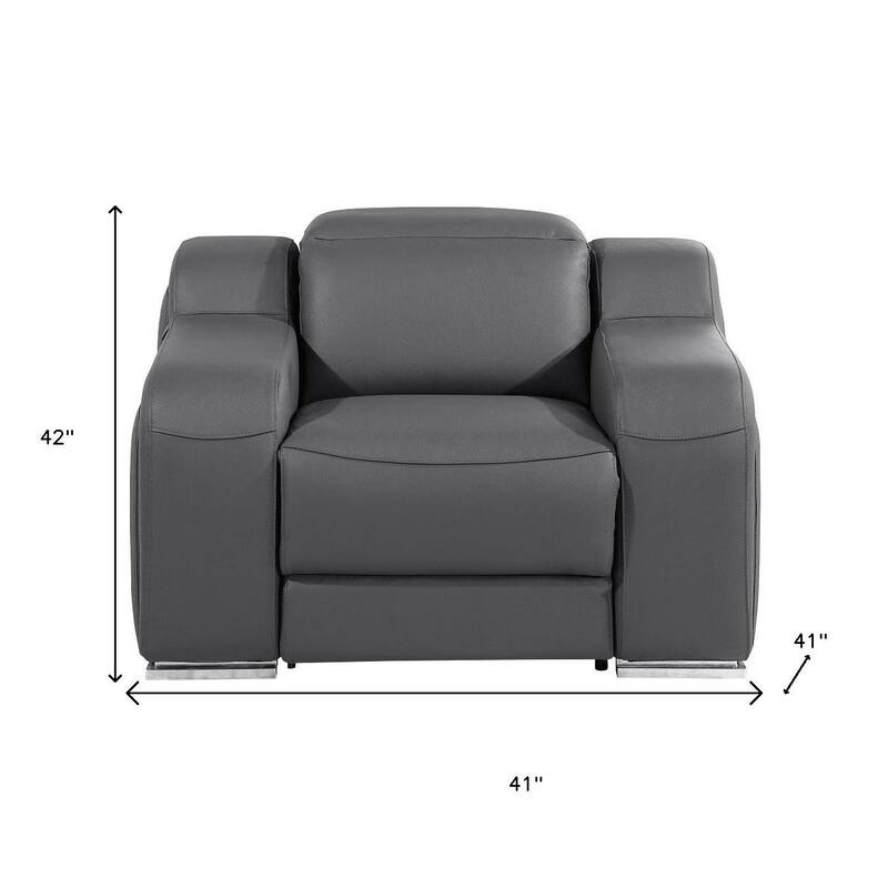 HomeRoots 41" Dark Gray Italian Leather Wall Hugger Recliner With USB