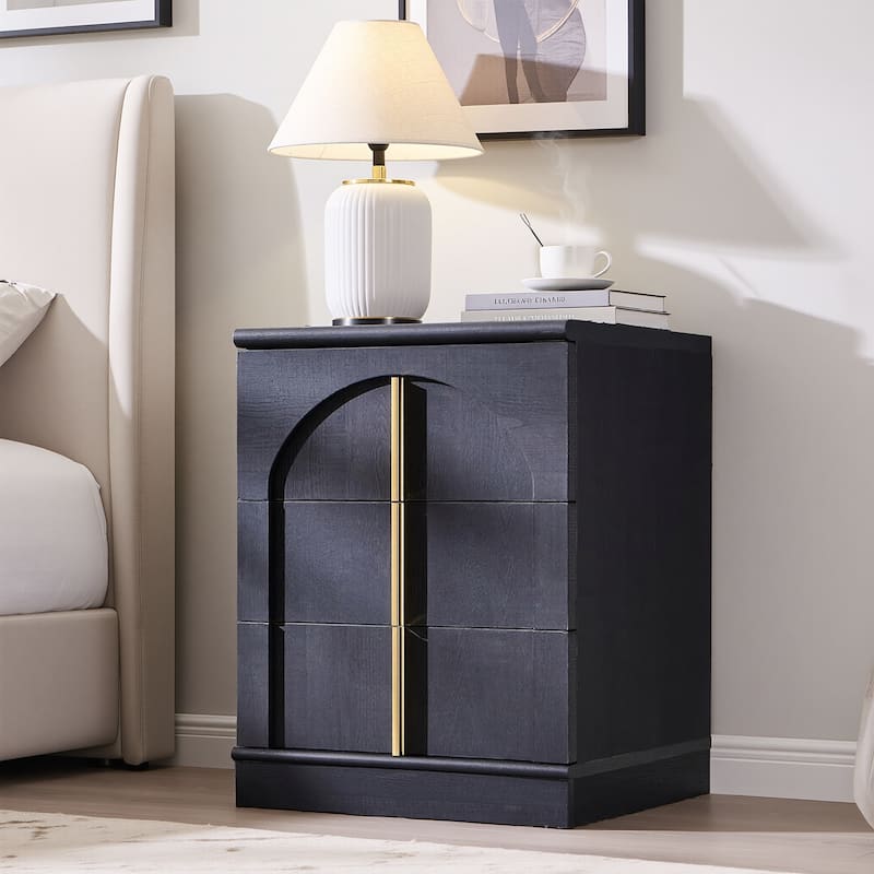 Modern Arched 3 Drawers Nightstand with Charging Station, Side Table - Black