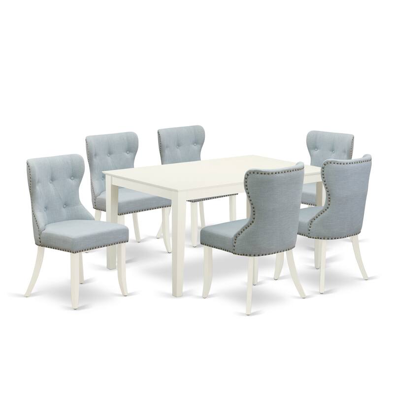 East West Furniture Kitchen Table Set- a Rectangle Dining Table and Baby Blue Parsons Dining Chairs, Linen White(Pieces Options)