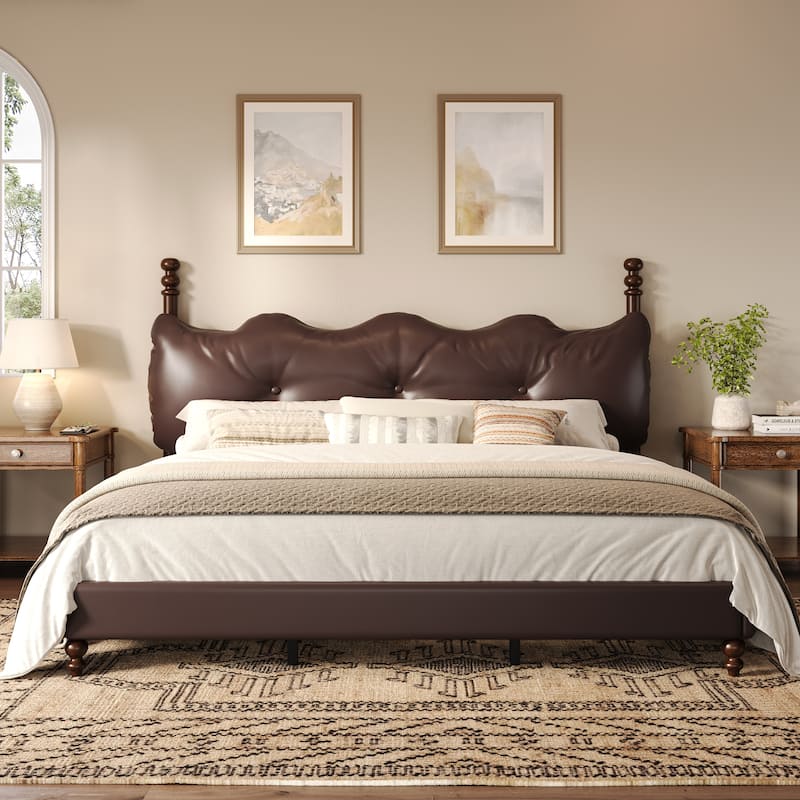 Christopher Knight Home - Eno Modern PU Leather Upholstered Platform Bed Frame with Wood Bedposts, No Box Spring Needed
