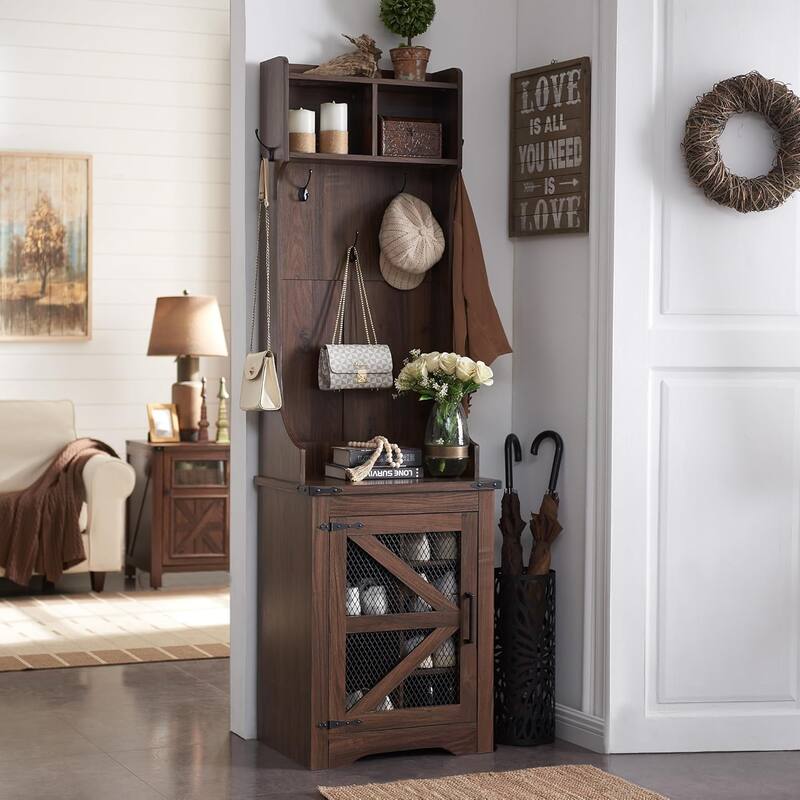 23" Wide Farmhouse Entryway Bench with Coat Rack, Hall Tree Cabinet - Brown