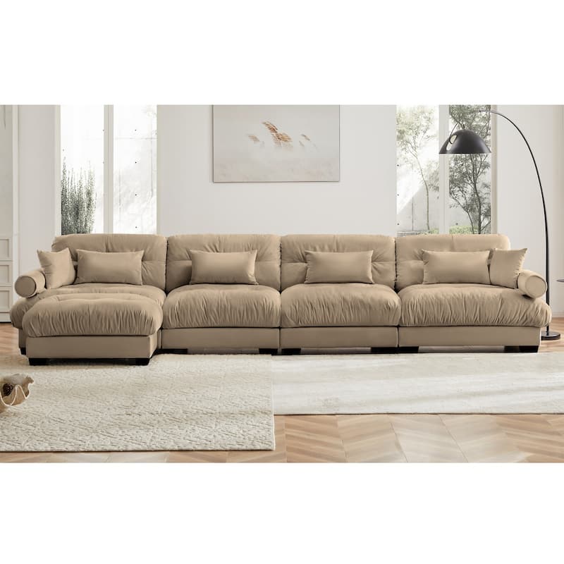 L-shaped Convertible Velvet Sectional Cloud Sofa with Ottoman & Pillows - Camel