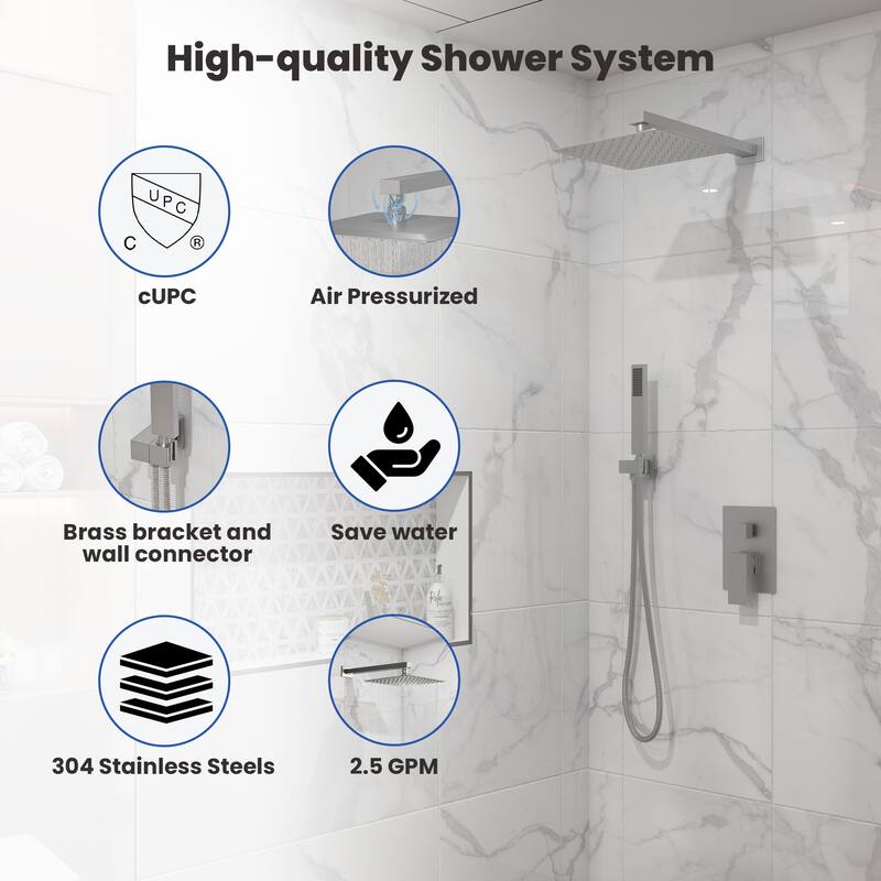 10 Inch Square Bathroom Shower System Set, 2-Function Shower Faucet