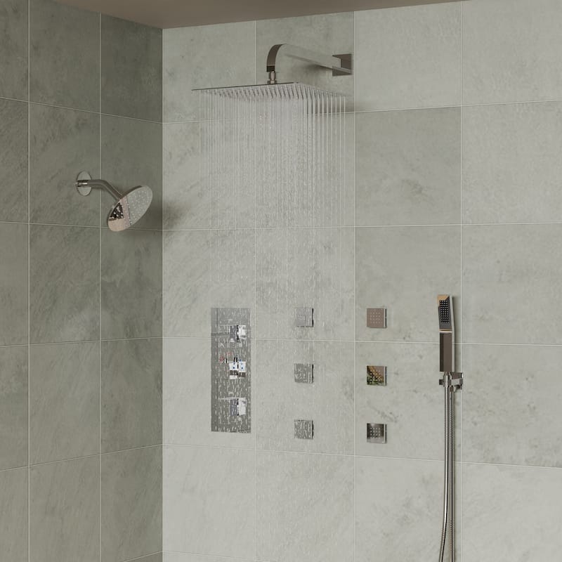 4-Functions Thermostatic Shower System, Wall Mount Shower Faucet Set 12" & 6" Dual Shower Head with 6 Body Jets