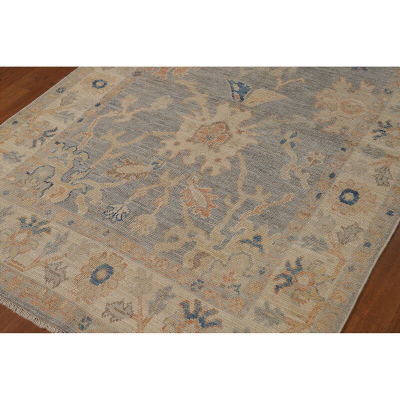 Vegetable Dye Oushak Turkish Rug Handmade Bedroom Grey Wool Carpet - 4'2"x 6'11"