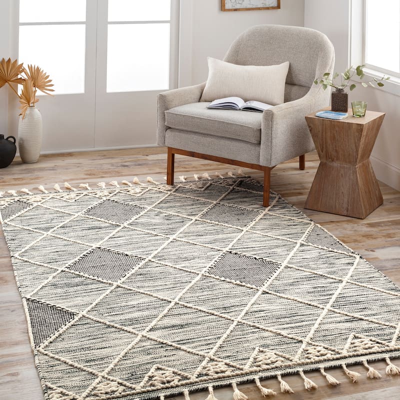 Maaxi Handmade Farmhouse Trellis Wool Area Rug - Black/Cream - 2' x 3'