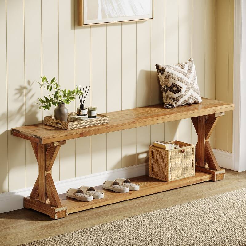 59'' Solid Wood Entryway Bench, 2-Tier Farmhouse Foyer Shoe Bench