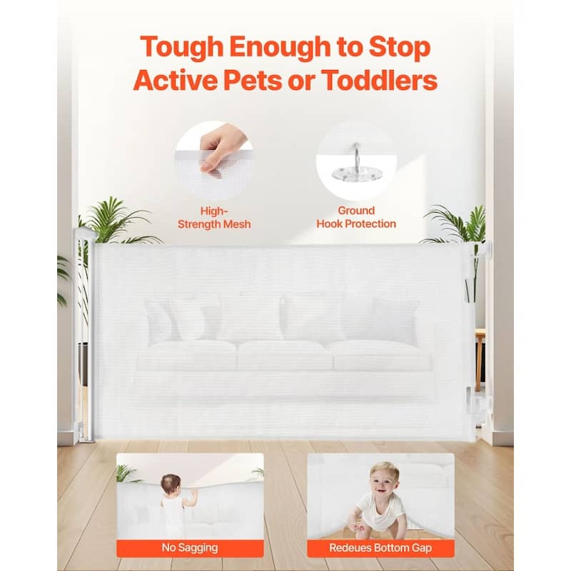 Retractable Baby Gate with Escape-Proof Bottom Hook and Mesh Design for Kids and Pets Safety