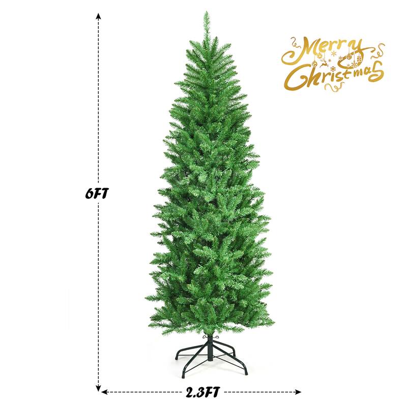 5FT 6FT Artificial Christmas Tree Hinged Fir Pencil Tree with Lights - 6 Foot