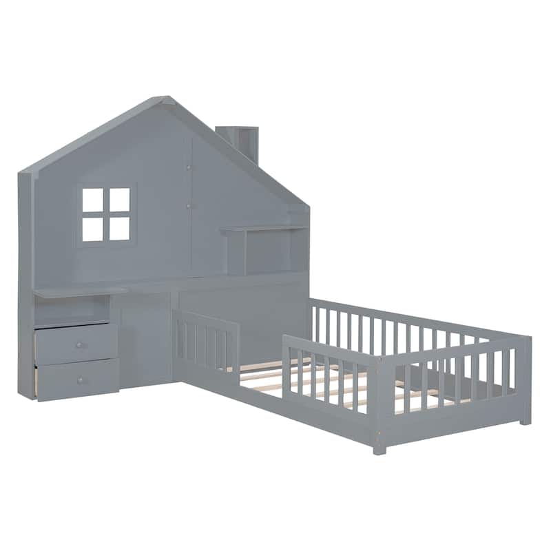 Full Size Wooden House Bed with Bedside Drawers & Shelves, House-Shaped Platform Bed with Power Outlet & USB Port for Kids Teens