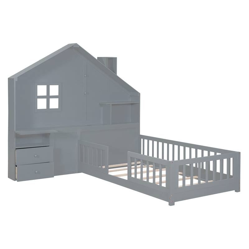 House Platform Bed with Window and Bedside Drawers, Shelves and A Set of Sockets and Usb Port