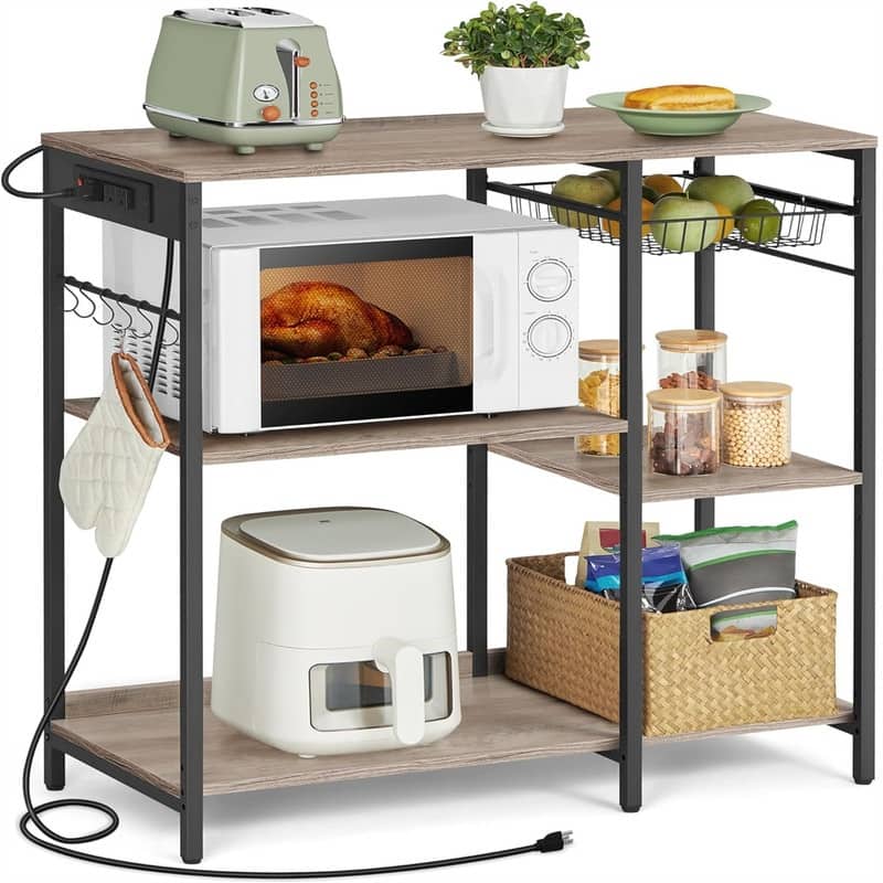 Baker's Rack - 15.7"D x 35.4"W x 35.6"H - Greige with Power Outlet