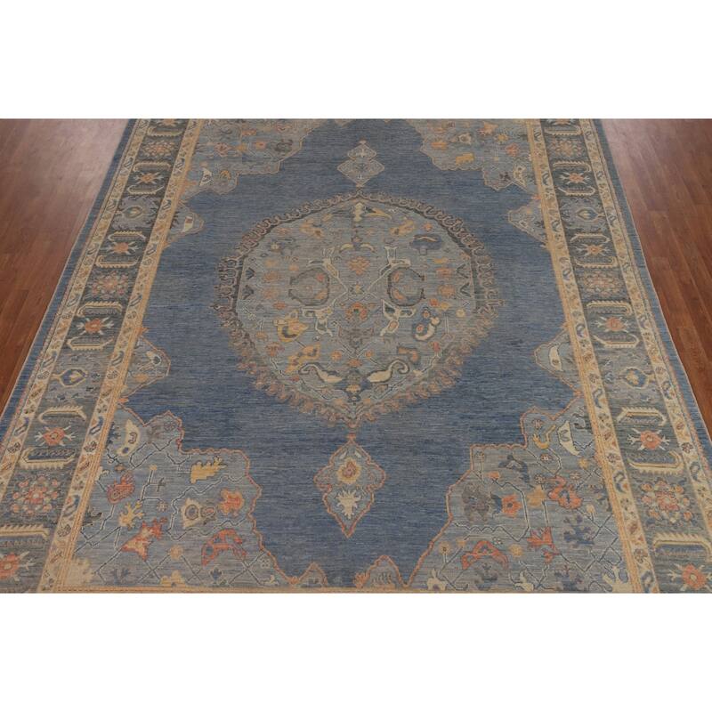 Vegetable Dye Oushak Oriental Area Rug Hand-Knotted Blue Wool Carpet - 9'4"x 12'7"