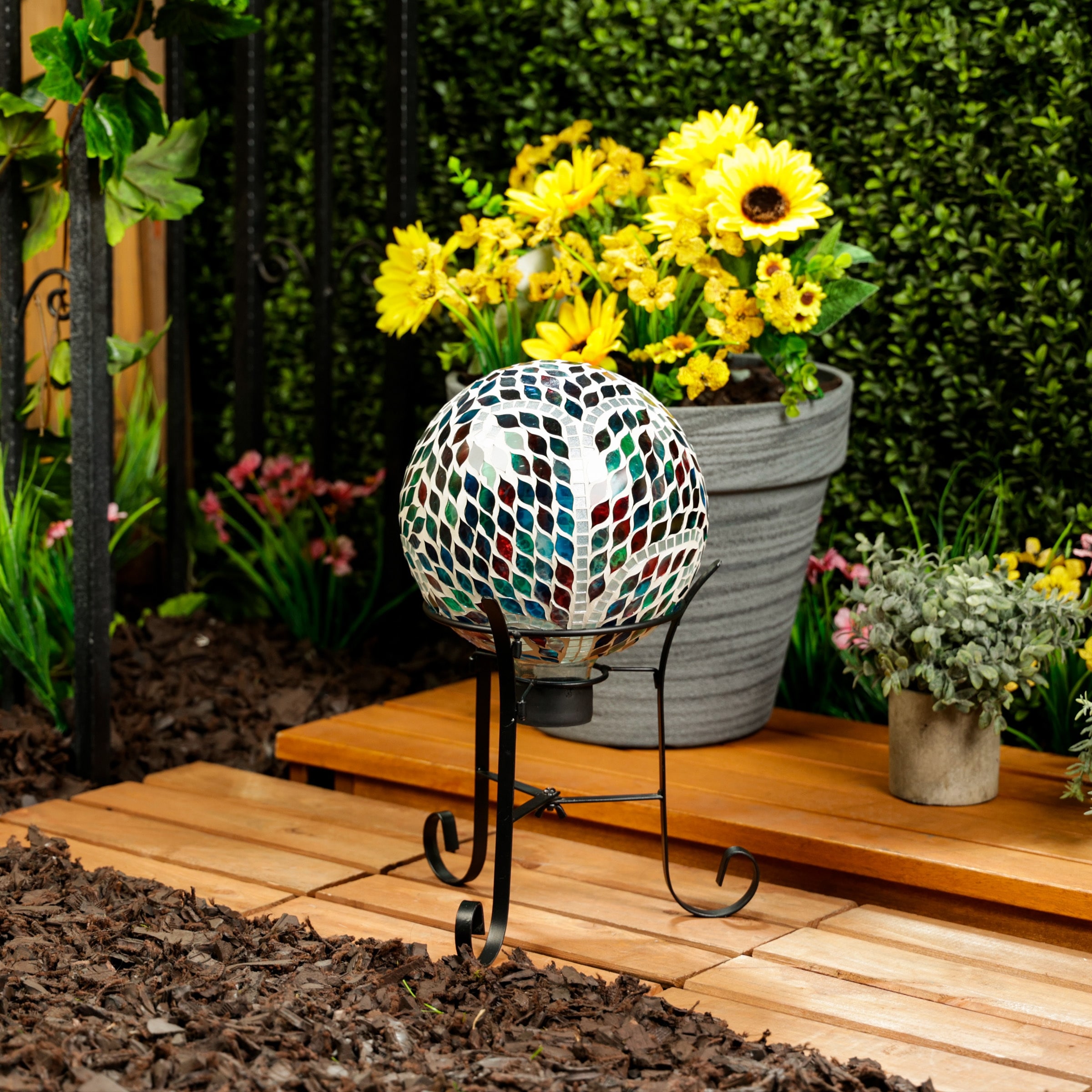 Alpine Corporation Outdoor Mosaic Glass Gazing Globe with Metal Stand