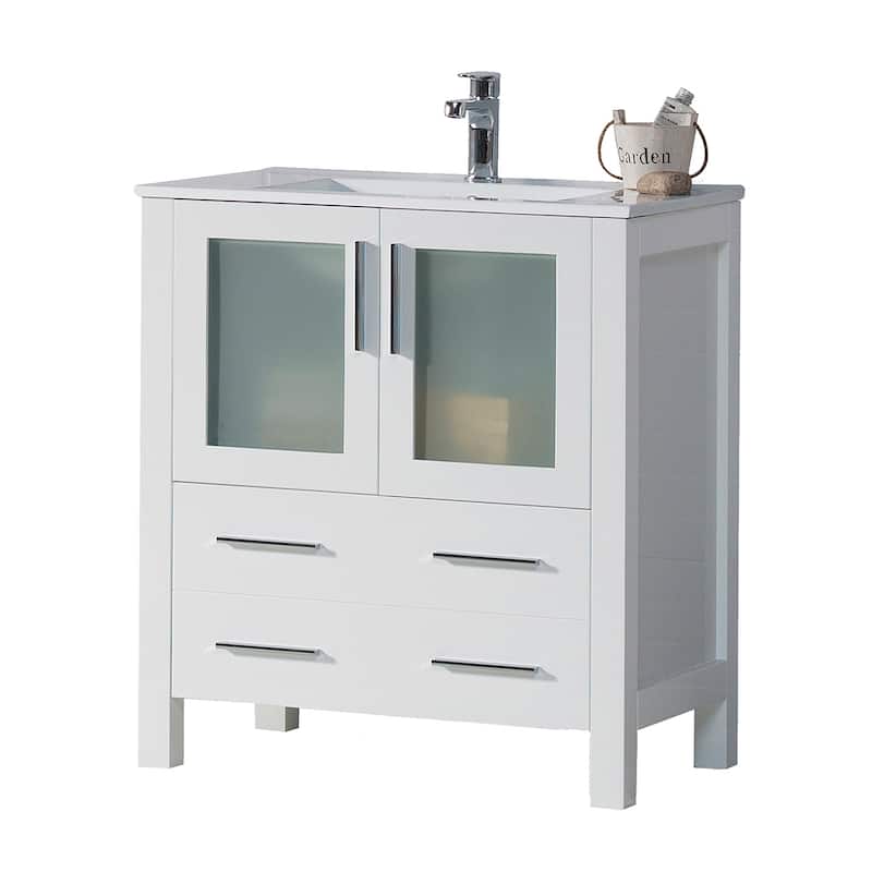Blossom Solid Wood Double Bathroom Vanity w/ Ceramic Sink & Base - 30 Inch - Glossy White