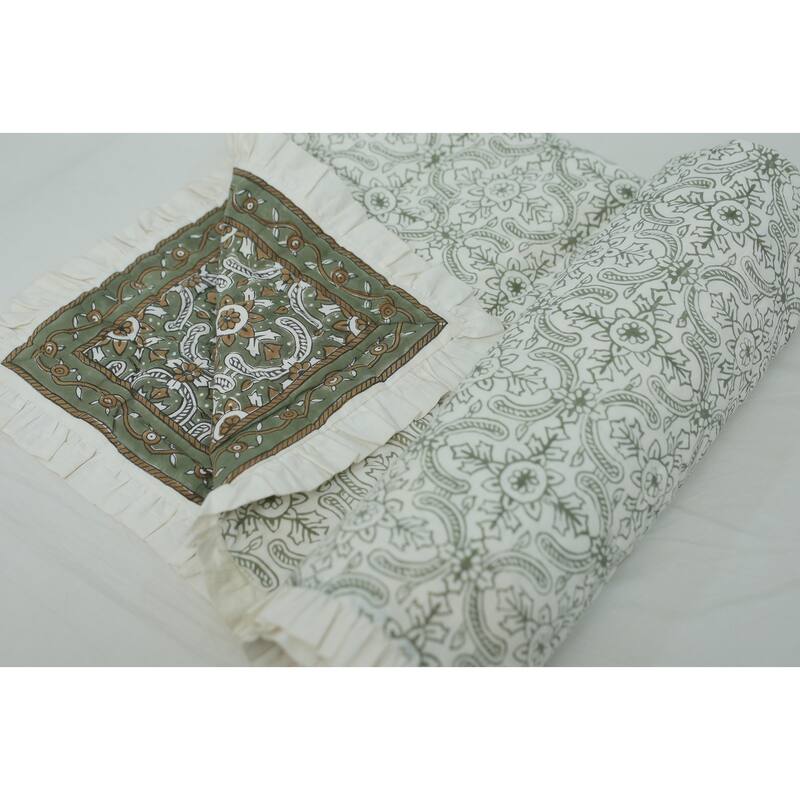 Fabdivine Luxury Hand Block Print Cotton Quilt Floral Boho Bedding for Bedroom & Sofa, Green White Handmade Reversible Bedspread