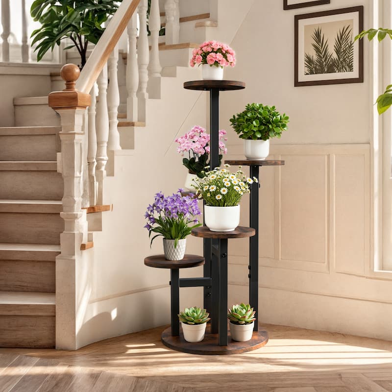 Iron Wood 5-Tier Plant Stand Round Corner Flower Shelf Indoor Outdoor