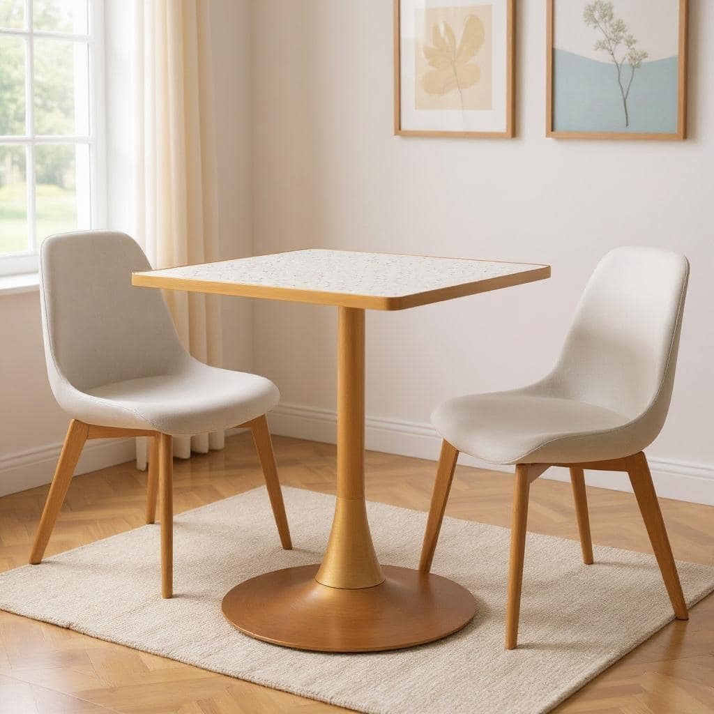 HomeRoots 24" Beige and Gold Wood and Steel Pedestal Base Square Dining Table - 24.00 in. x 29.90 in. x 24.00 in.