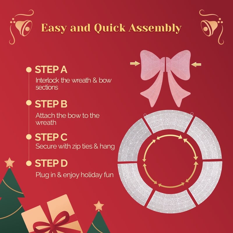 60in Pre-lit Outdoor Christmas Wreath Decoration, Lighted Metal Wreath with Pink Bow,for Front Door Gate Wall Holiday Party