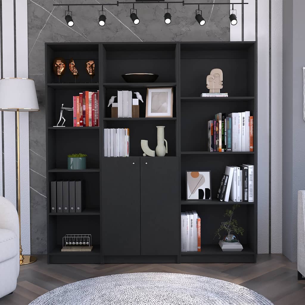 FM FURNITURE Marana 3 Piece Living Room Set with Sutton Bookcase + Sutton Slim Bookcase + Sutton 2-Door Bookcase, Black