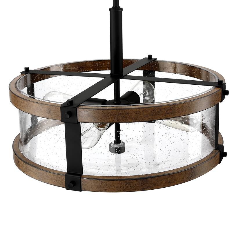 4-Light Distressed Black and Wood Tone Seeded Glass Drum Pendant - 18" x 65" x 18"