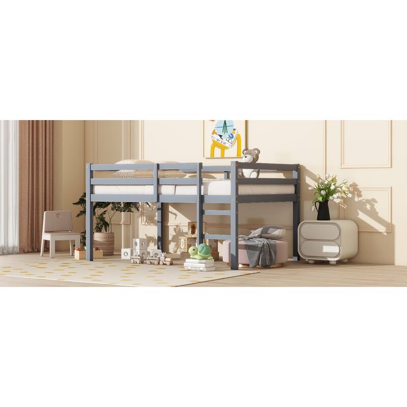 Roomfitters Full Rubber Wood Loft Bed with Ladder, Reinforced Slat Platform, Low Height Space Saving Design