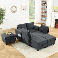 7-Seat Dark Gray Sleeper Sofa Corduroy Corner Couch w/ Storage Ottoman ...