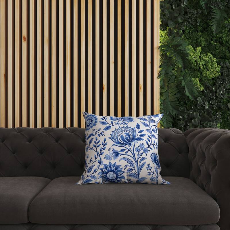 Blue And White Sanganeri Block Print Faux Suede Throw Pillow Zipper