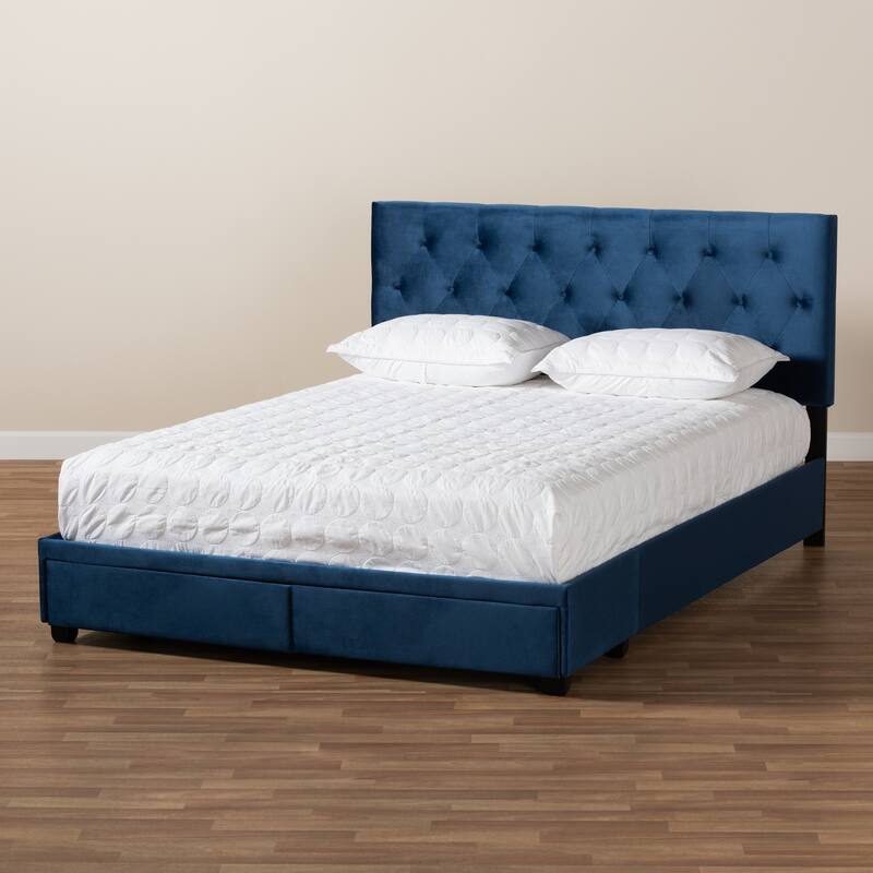 Navy Blue Velvet Queen Bed with Storage Modern Platform Bed Frame, 2 Drawers, Headboard Included