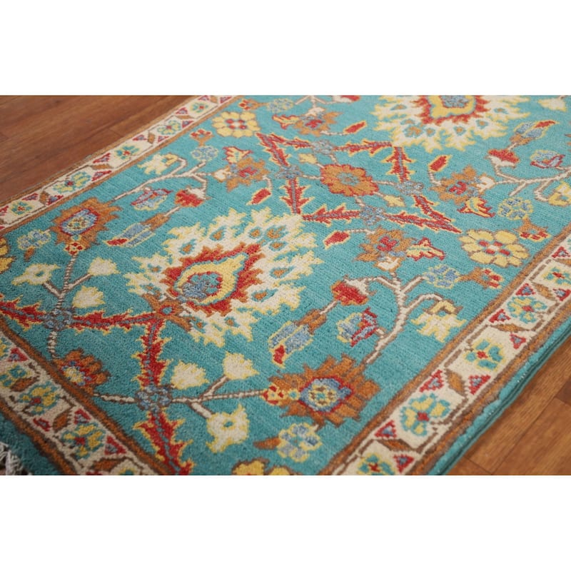 Turquoise Blue Kazak Oriental Foyer Rug Hand-Knotted Wool Carpet - 2'0" x 3'0"