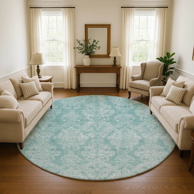 Premium Washable Super Soft Traditional Damask Mayfield Rug - Aqua - 8' x 8'