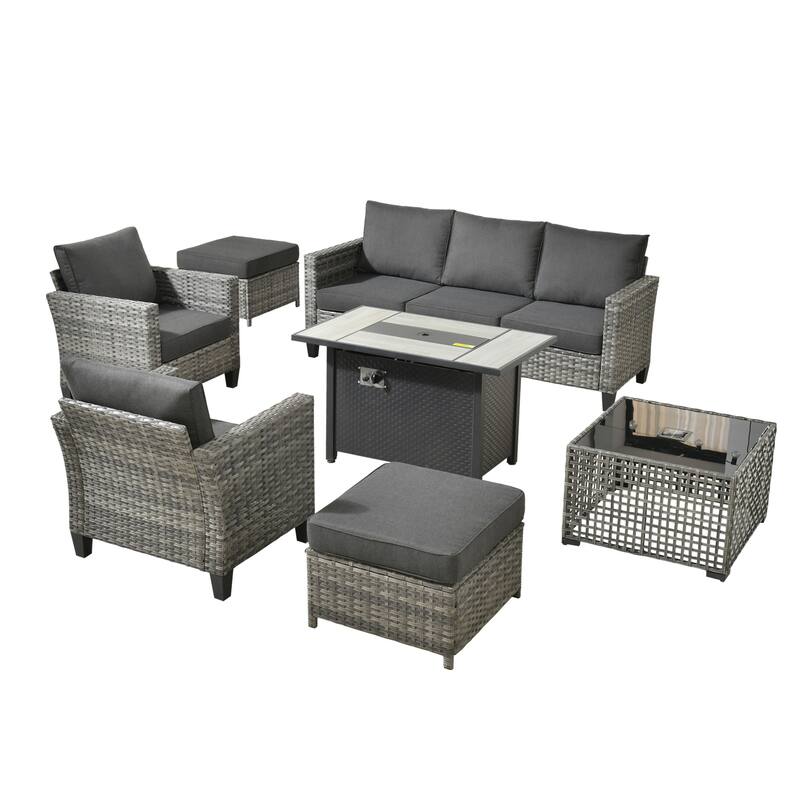 HOOOWOOO 7-piece Patio Furniture Wicker Sofa Conversation Set Fire Pit Table