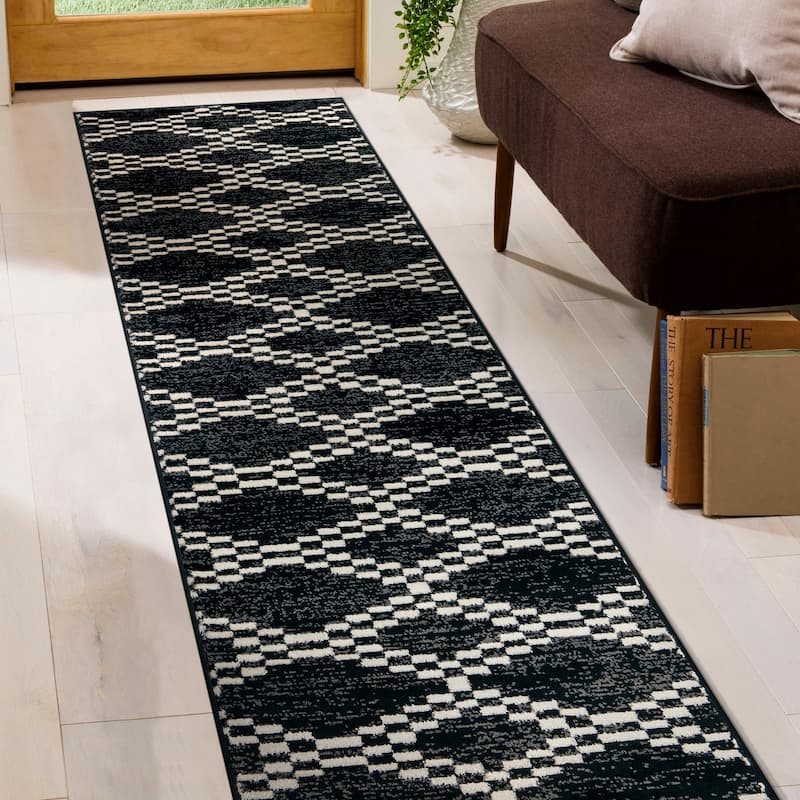 Southwestern Geometric Durable Area Rug, Perfect for Any Room - 2' 3" x 8' - Black