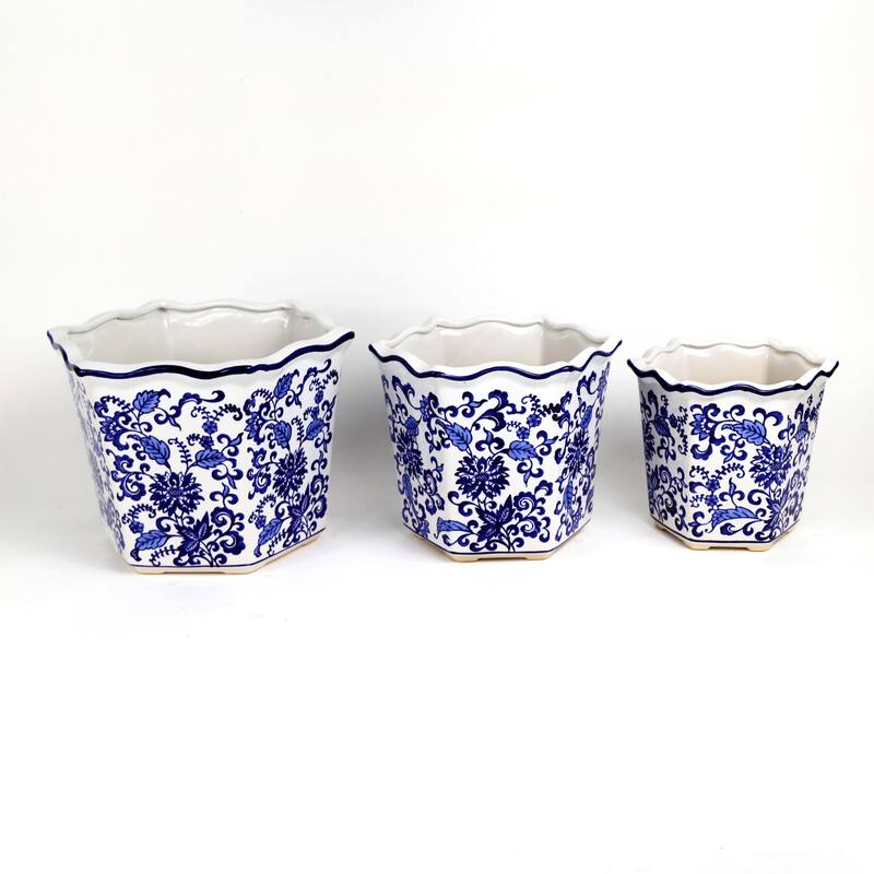 Euro Ceramica Blue and White Ceramic 3 Piece Chinoiserie Garden Planter Set - Set of 3 - Blue & White