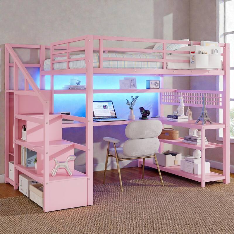 Full Size Metal Loft Bed with Staircase Storage, Wardrobe, Desk, Shelves, LED Lights and Charging Station