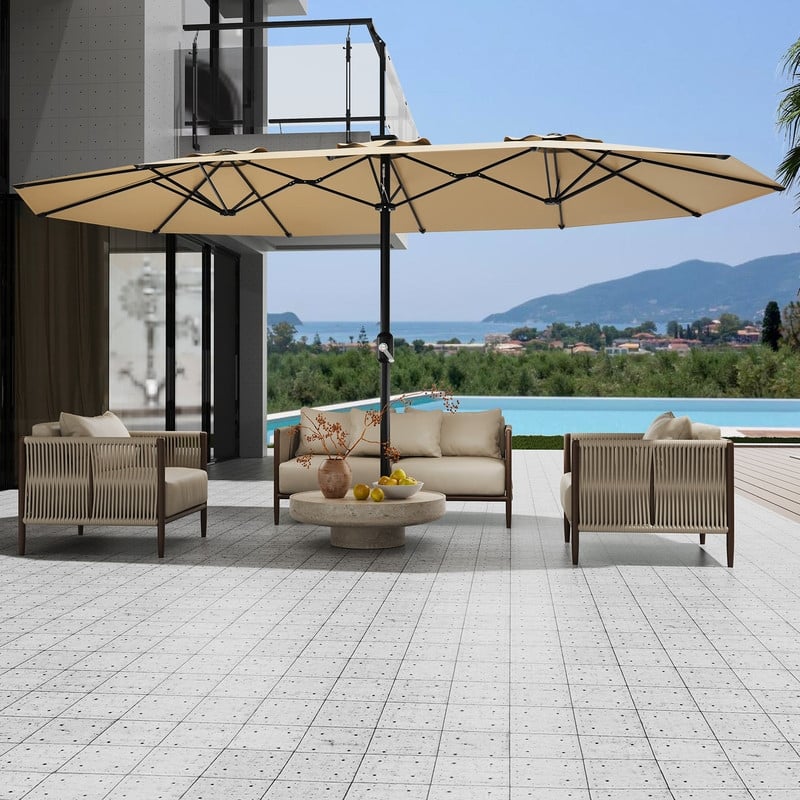 15ft Large Patio Umbrella with Base, Outdoor Double-Sided Market Umbrella with Crank Handle