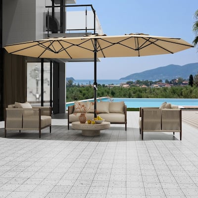 15ft Large Patio Umbrella with Base, Outdoor Double-Sided Market Umbrella with Crank Handle
