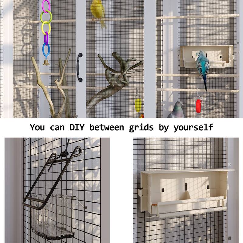 Indoor Bird Cage Cabinet with Storage Base, White Wooden Aviary with DIY Wire Mesh & Food Organizer