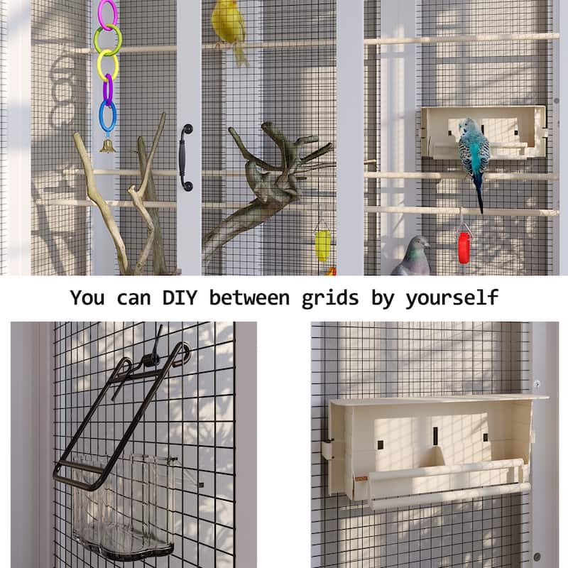 Large Wooden Bird Cage Cabinet with Storage, White Aviary Hutch with Black Metal Mesh, Tall Indoor Parrot Cage Furniture